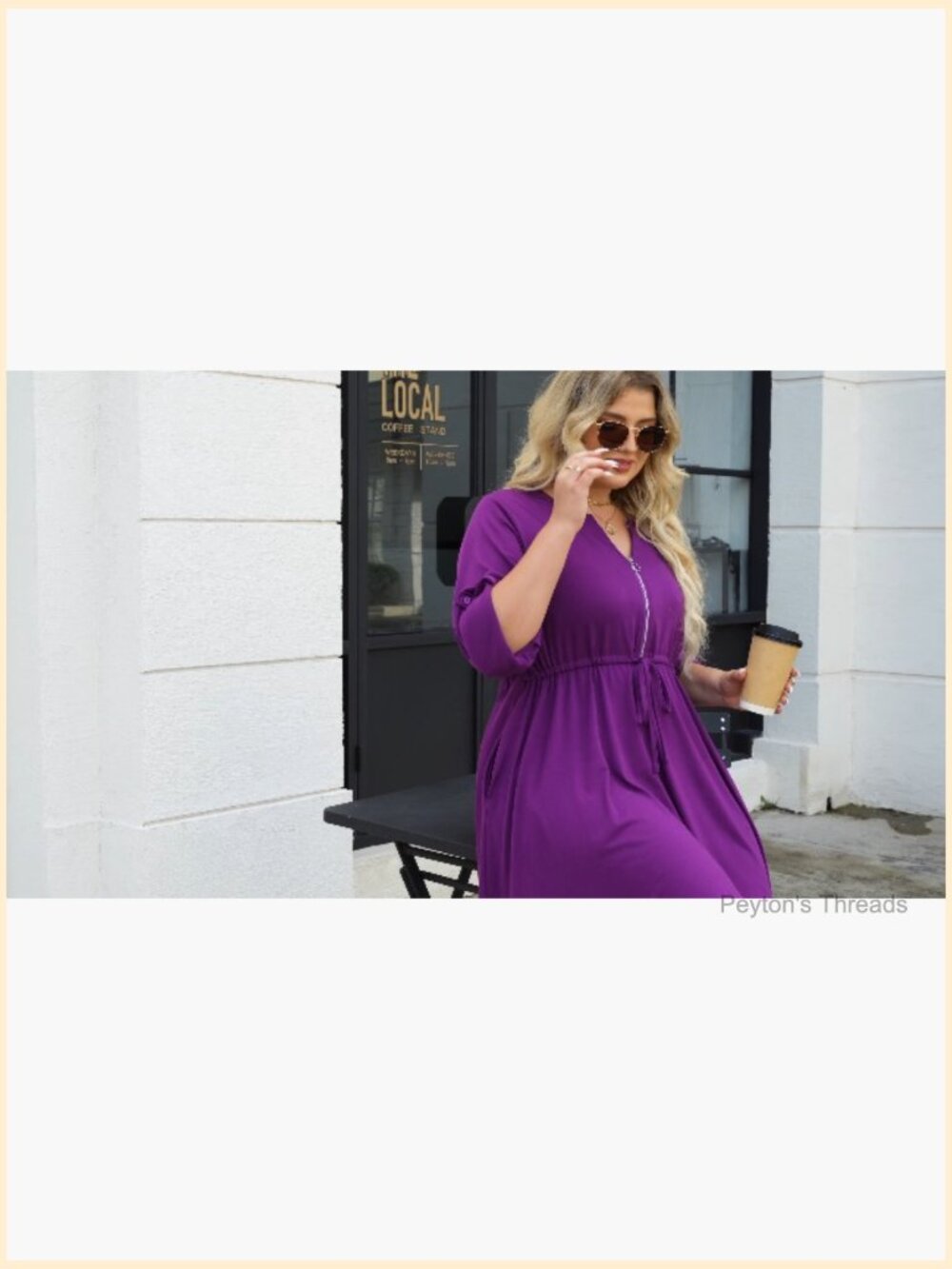 Plus Size Casual Roll Up 3/4 Sleeve V Neck Zipper Tie Waist Flowy Dress with - Picture 7 of 7